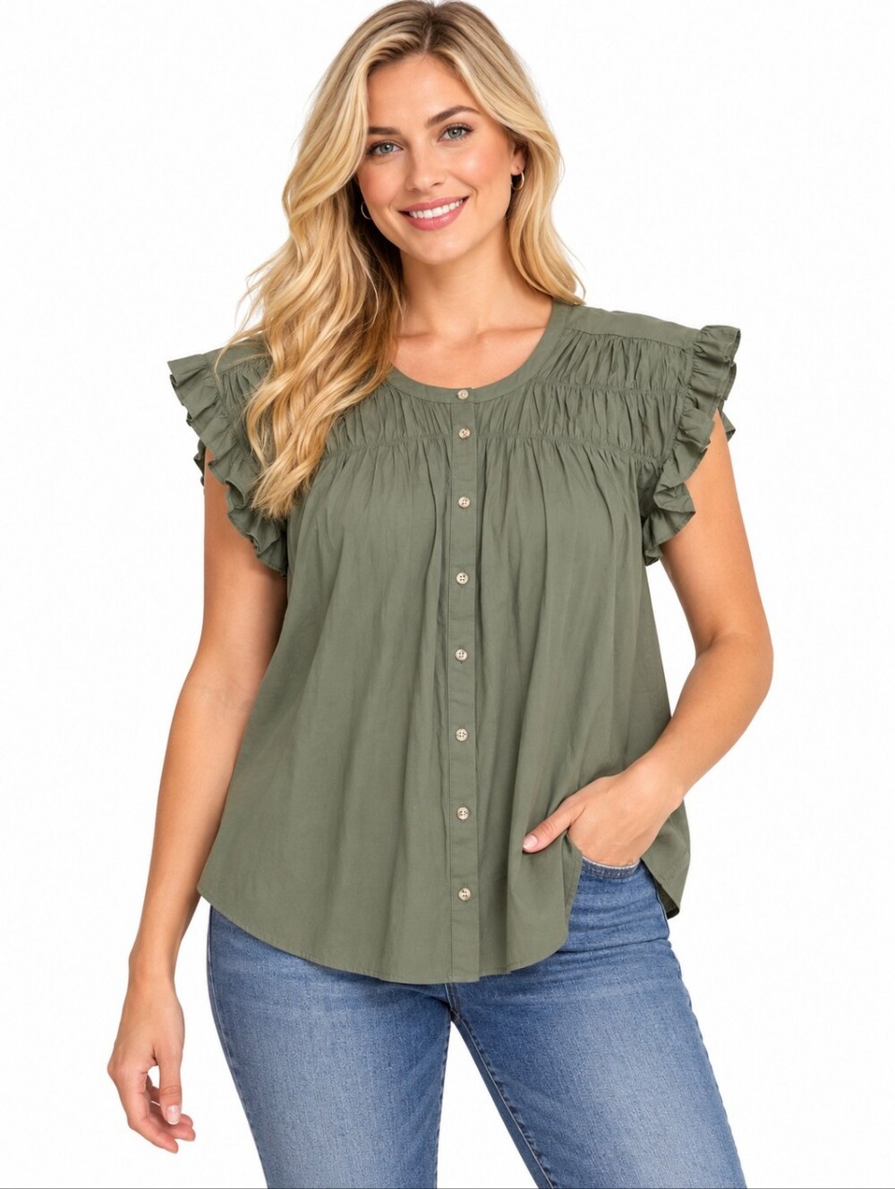 Lane Bryant Womens Relaxed Shirred Button Down Blouse Army Green Size 22 Preppy